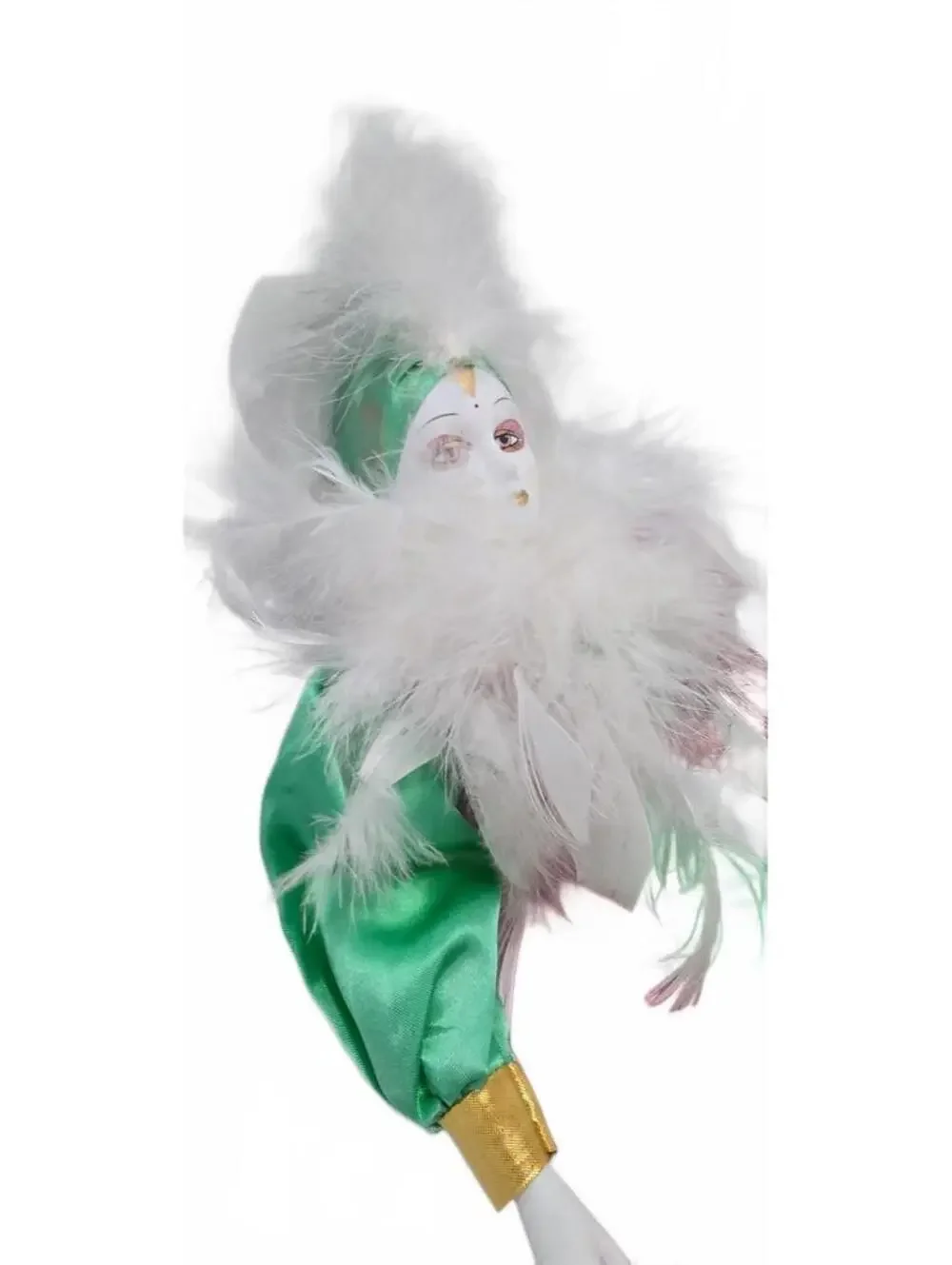 Vintage Porcelain Harlequin Clown Doll with Feathered Collar